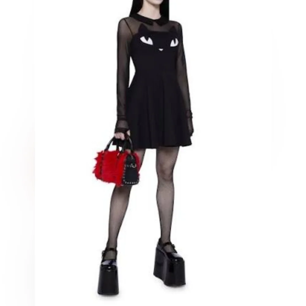 Dolls Kill x Emily (Size 2X) Black Cat Face Sheer Thumbhole Cuff LS Mini Dress - Picture 15 of 16